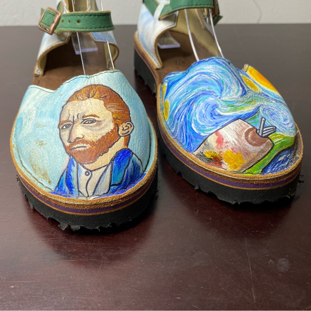 Handmade Custom Leather Sandals Van Gogh Starry Night & self portrait - Picture 6 of 8